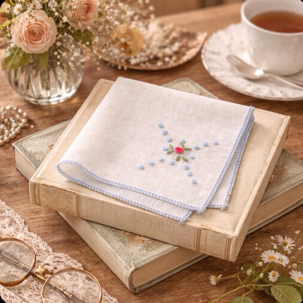 Vintage 1950s–60s Hand Embroidered Handkerchief Blue Floral Hanky